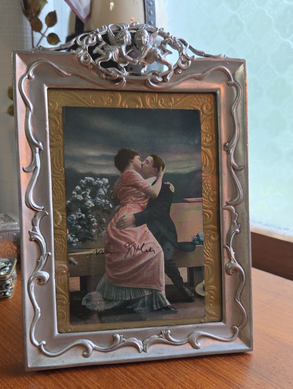 Pewter Ornate Photo Frame - With 1900s Lovers Postcard